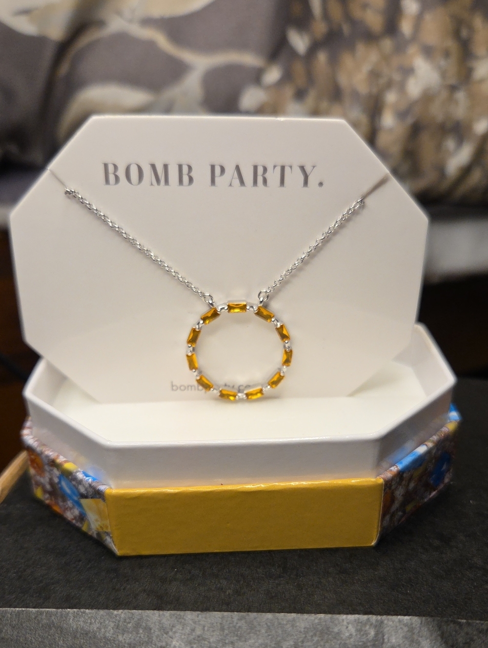 Silver Necklace with Yellow Gem Circle Pendant